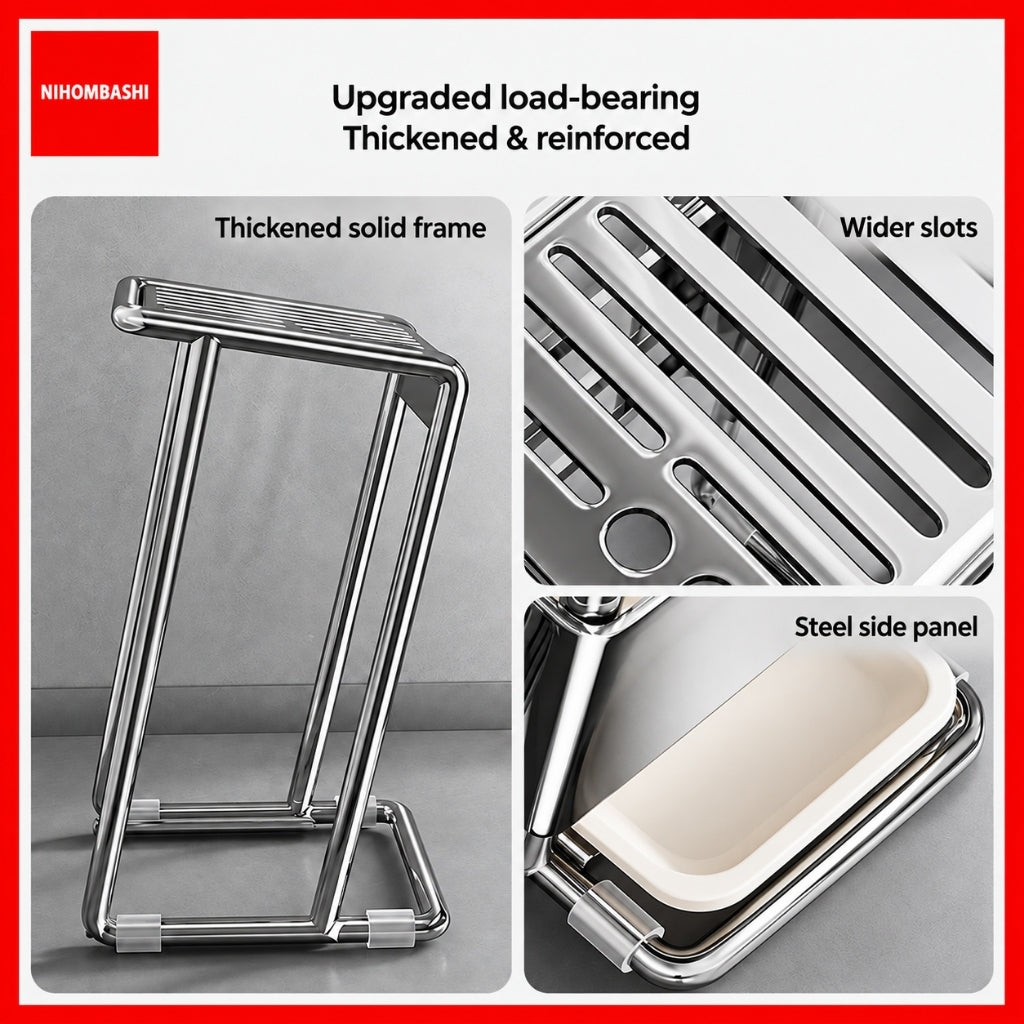 NIHOMBASHI 304 Stainless Steel Knife Rack Kitchen Knife Holder Organiser with Removable Drip Tray Scissors Storage