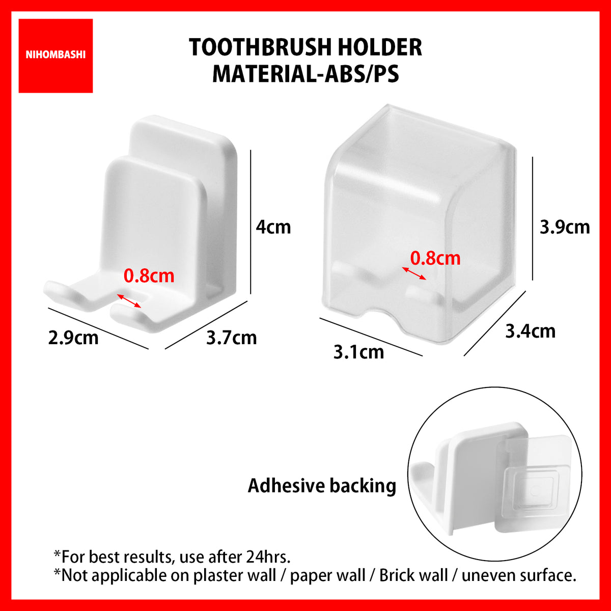 Wall Mounted Toothbrush Holder, No Drill Adhesive, with Cover & Cup