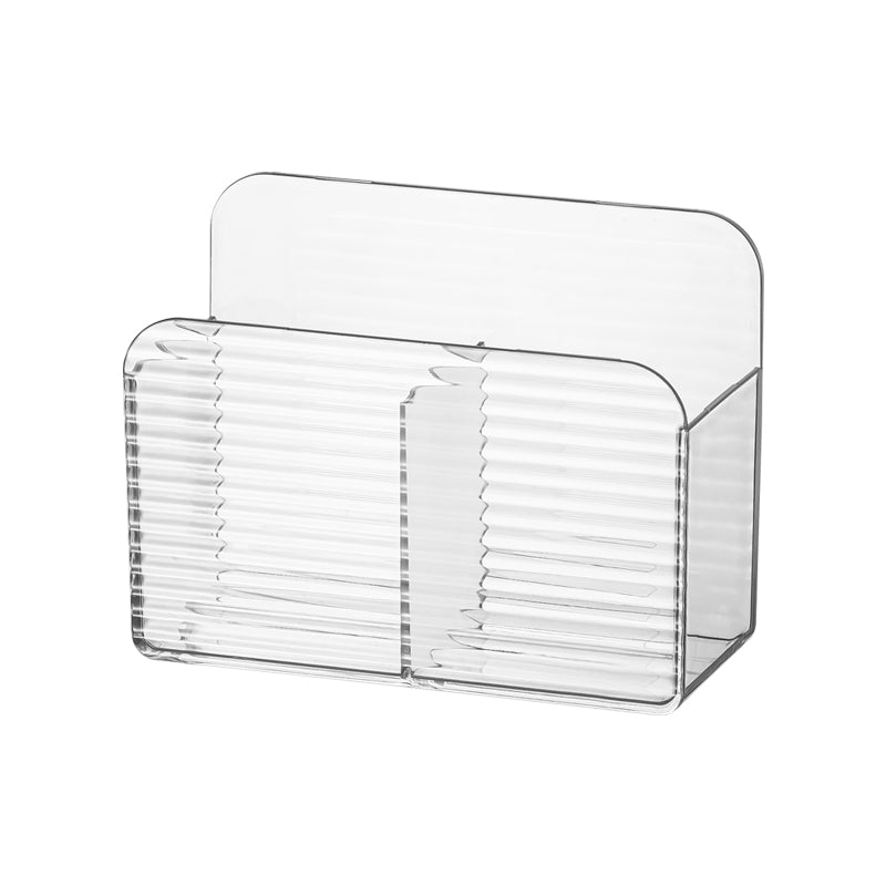 Clear wall-mounted storage box for remotes and small items