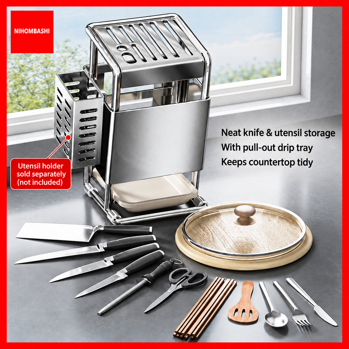 NIHOMBASHI 304 Stainless Steel Knife Rack Kitchen Knife Holder Organiser with Removable Drip Tray Scissors Storage