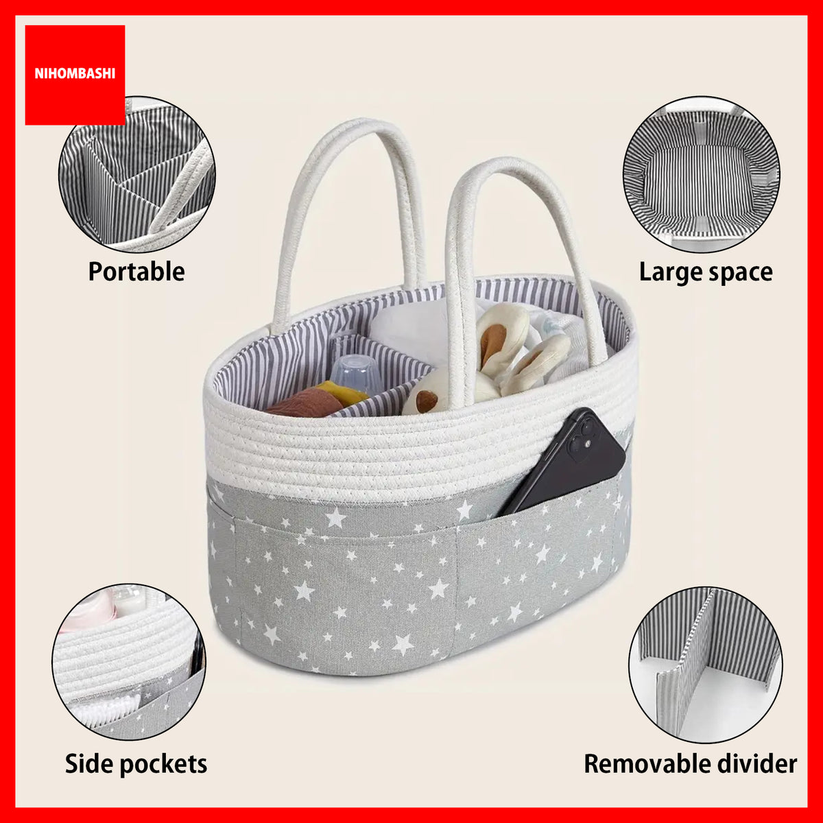 Baby Diaper Caddy Organizer Cotton Rope Basket with Removable Divider