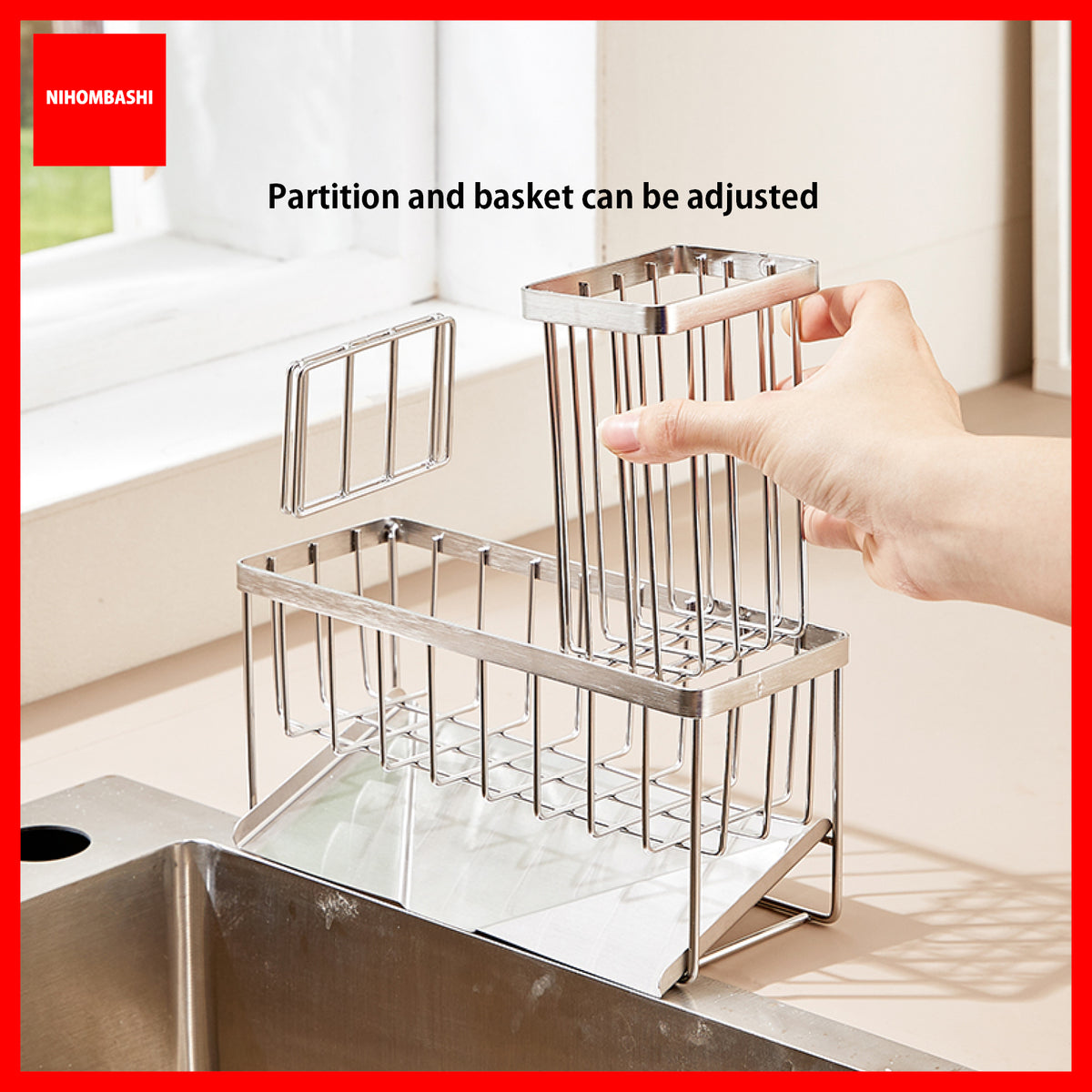 304 Stainless Steel Kitchen Sink Caddy, Self-Draining Sponge Holder