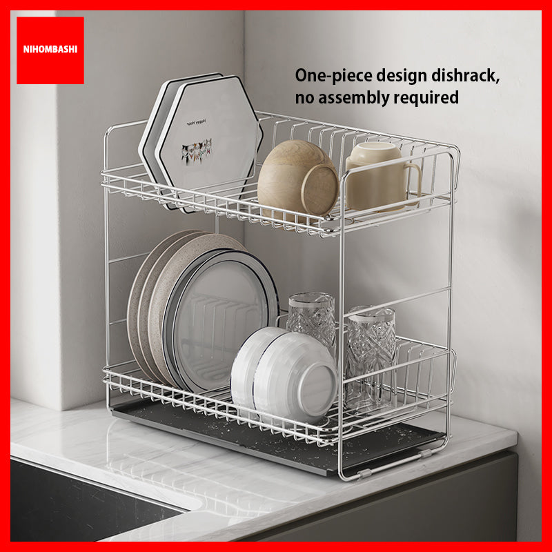 304 Stainless Steel Slim Dish Rack with Drain Tray, Single or 2-Tier