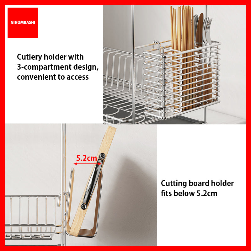 304 Stainless Steel Slim Dish Rack with Drain Tray, Single or 2-Tier