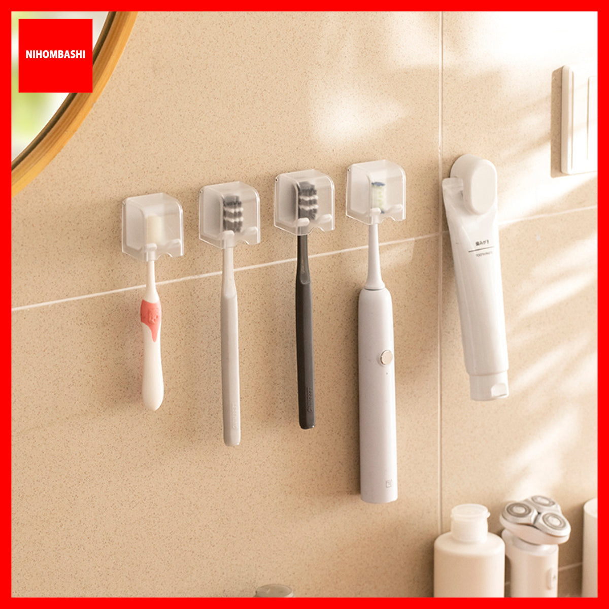 Wall Mounted Toothbrush Holder, No Drill Adhesive, with Cover & Cup