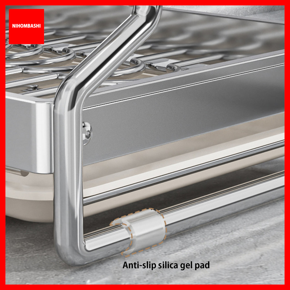 Anti-slip silicone pad on the dish rack frame