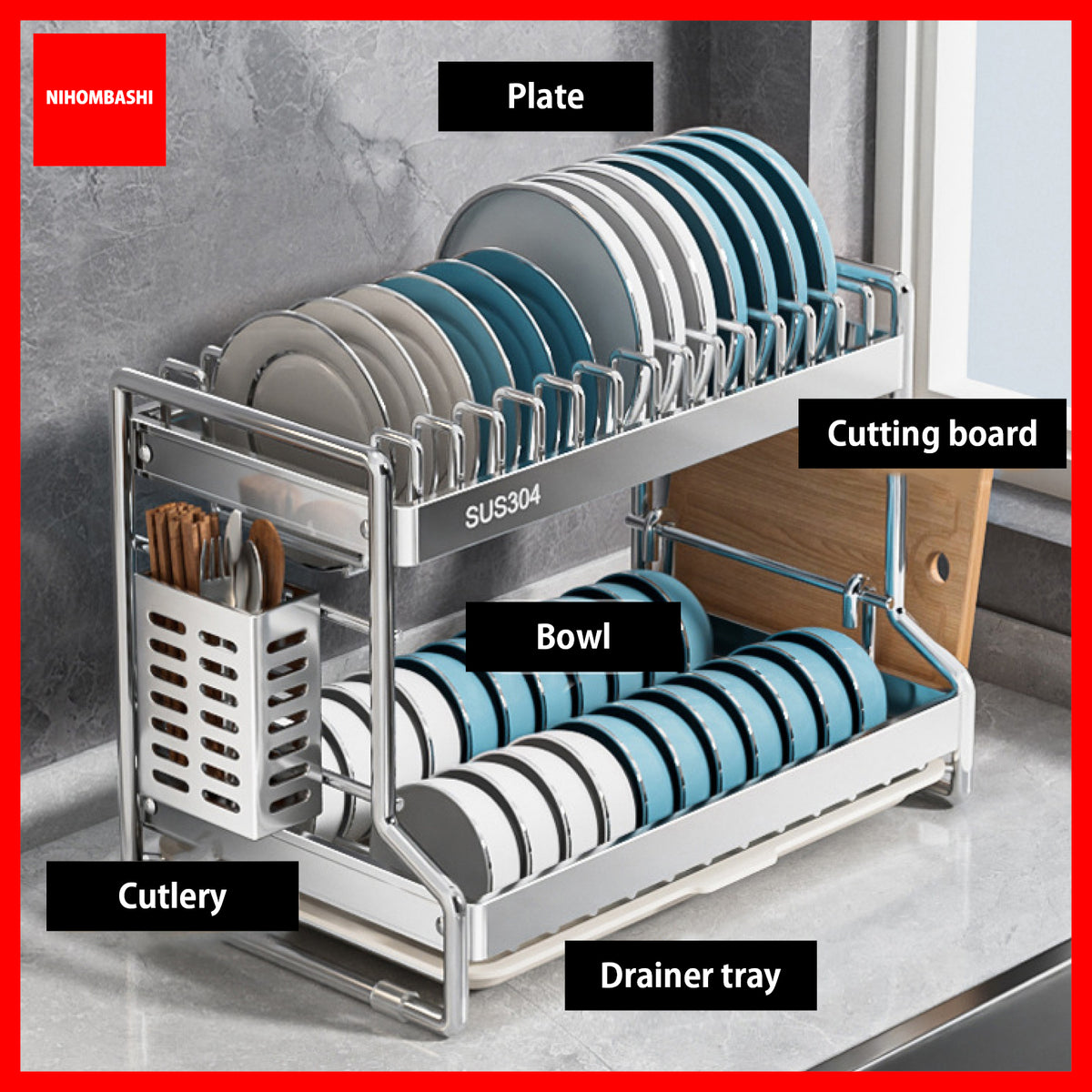 2-tier stainless steel dish rack holding plates, bowls, cutlery and a cutting board
