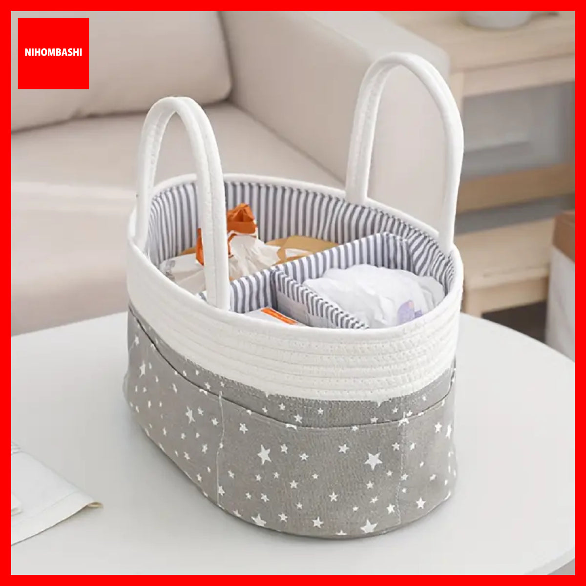 Baby Diaper Caddy Organizer Cotton Rope Basket with Removable Divider