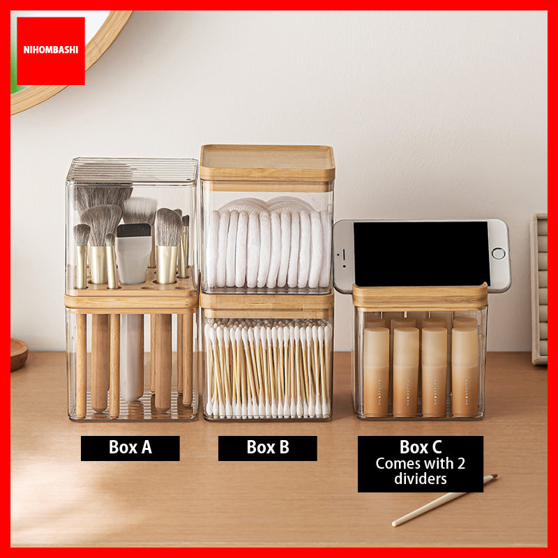 Makeup Brush Holder Bamboo Lid Desktop Storage Box Lipstick Organizer