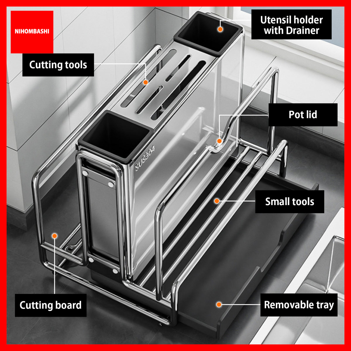 304 Stainless Steel Knife Rack with Cutting Board & Pot Lid Holder
