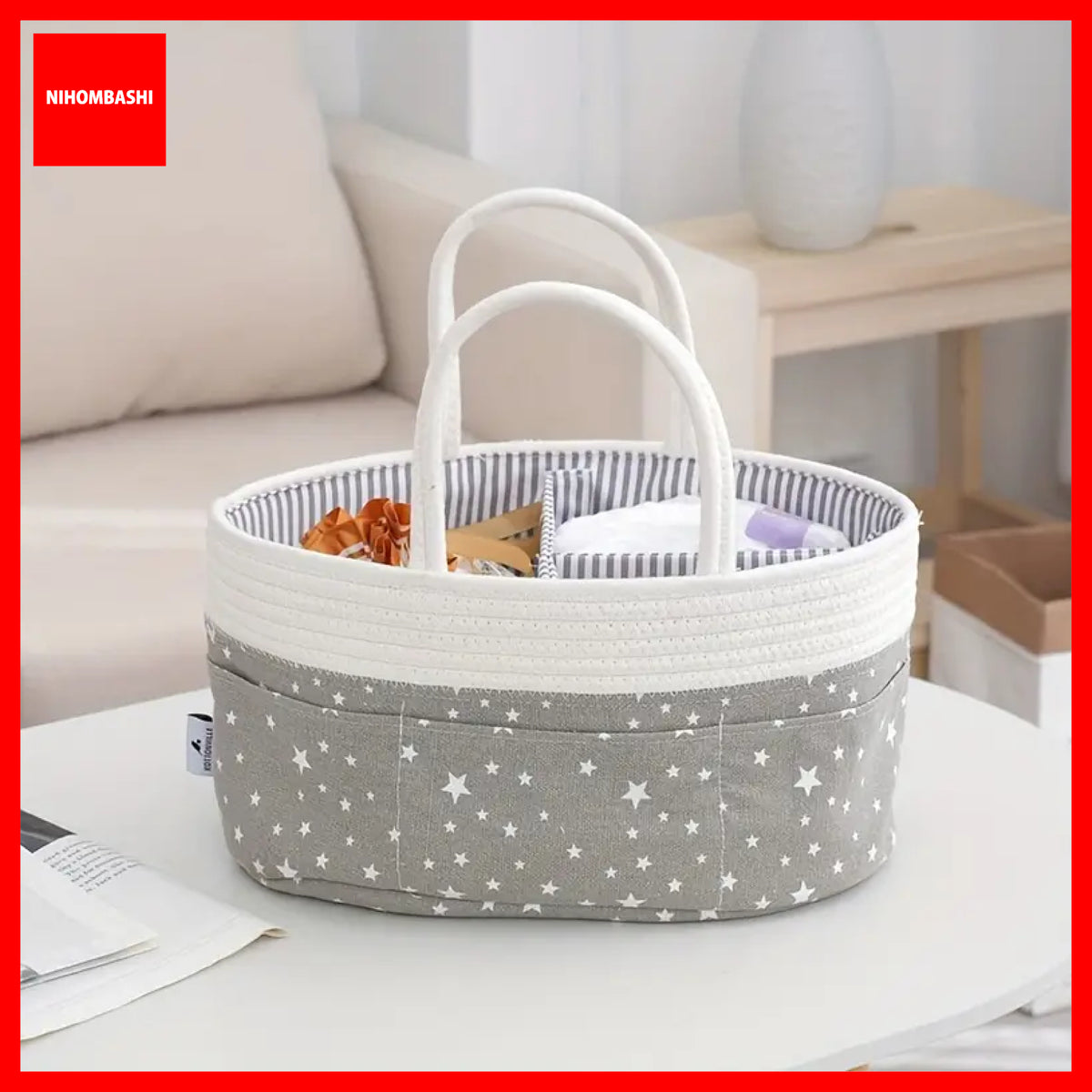 Baby Diaper Caddy Organizer Cotton Rope Basket with Removable Divider
