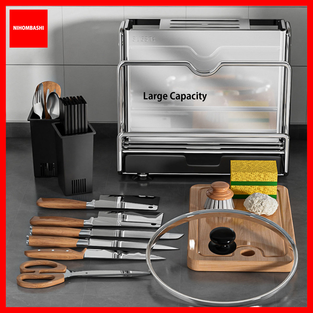304 Stainless Steel Knife Rack with Cutting Board & Pot Lid Holder