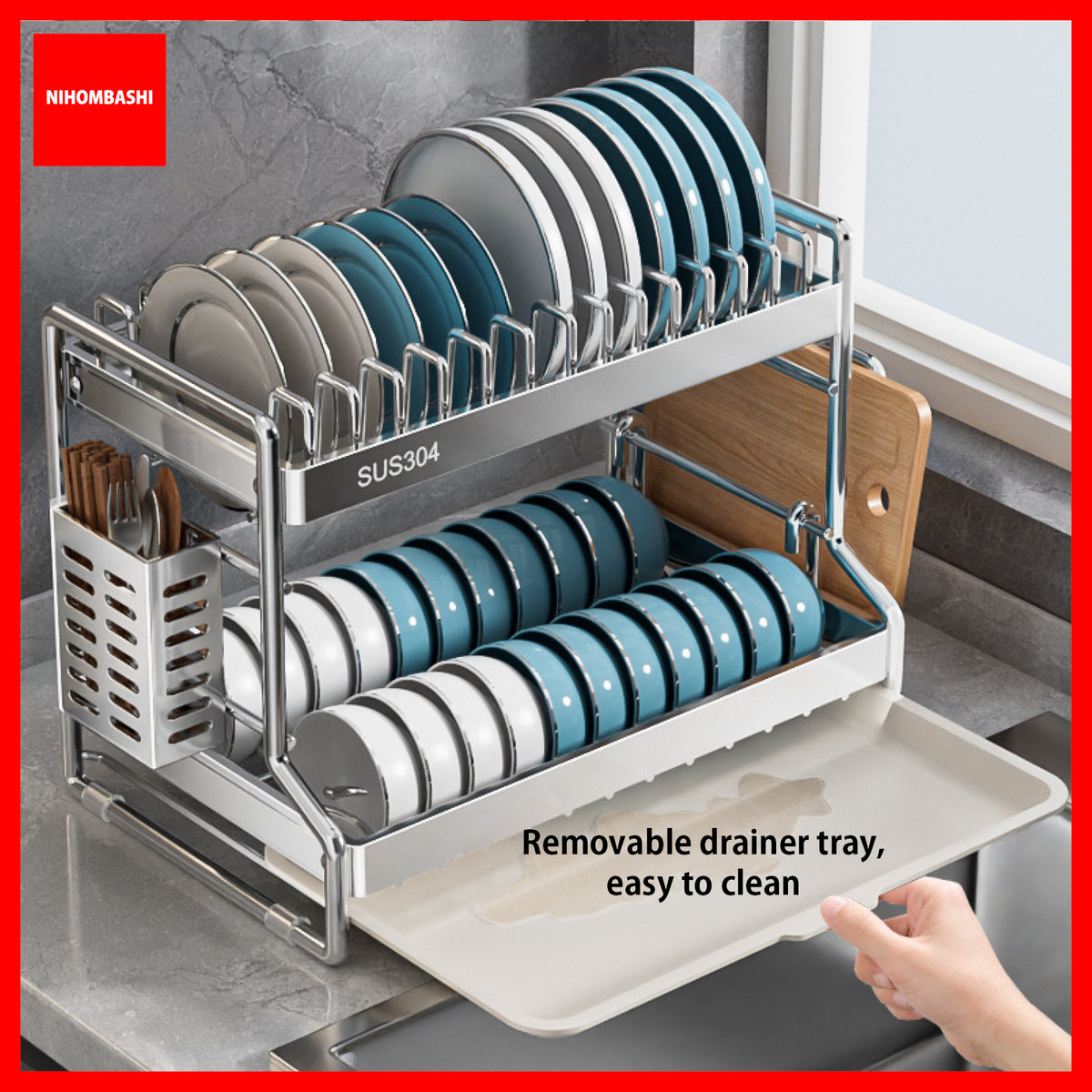 Removable drain tray sliding out of the stainless steel dish rack