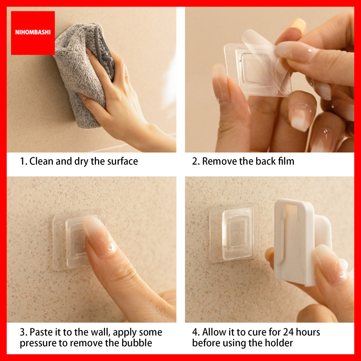 Wall Mounted Toothbrush Holder, No Drill Adhesive, with Cover & Cup