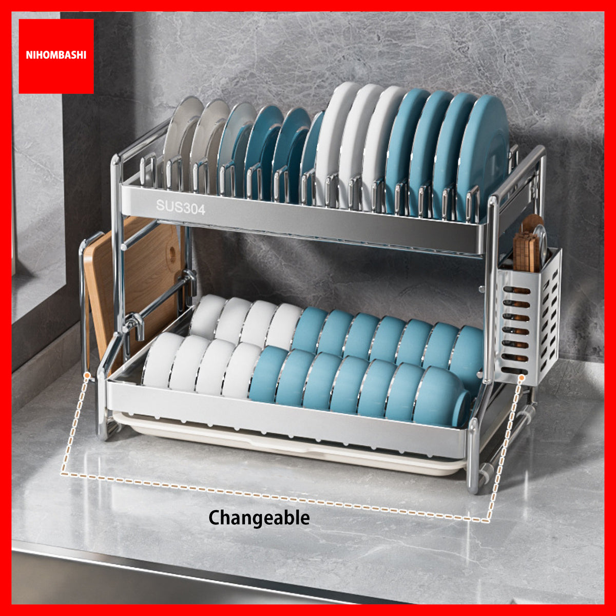 Cutting board holder can be moved to either side of the dish rack