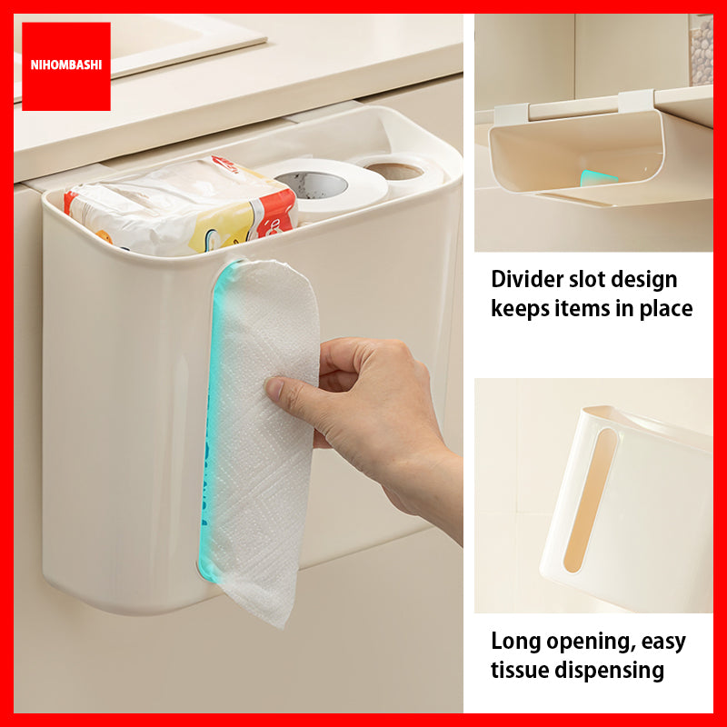 Kitchen Cabinet Hanging Organizer Bin No Drill Tissue Cling Wrap Storage