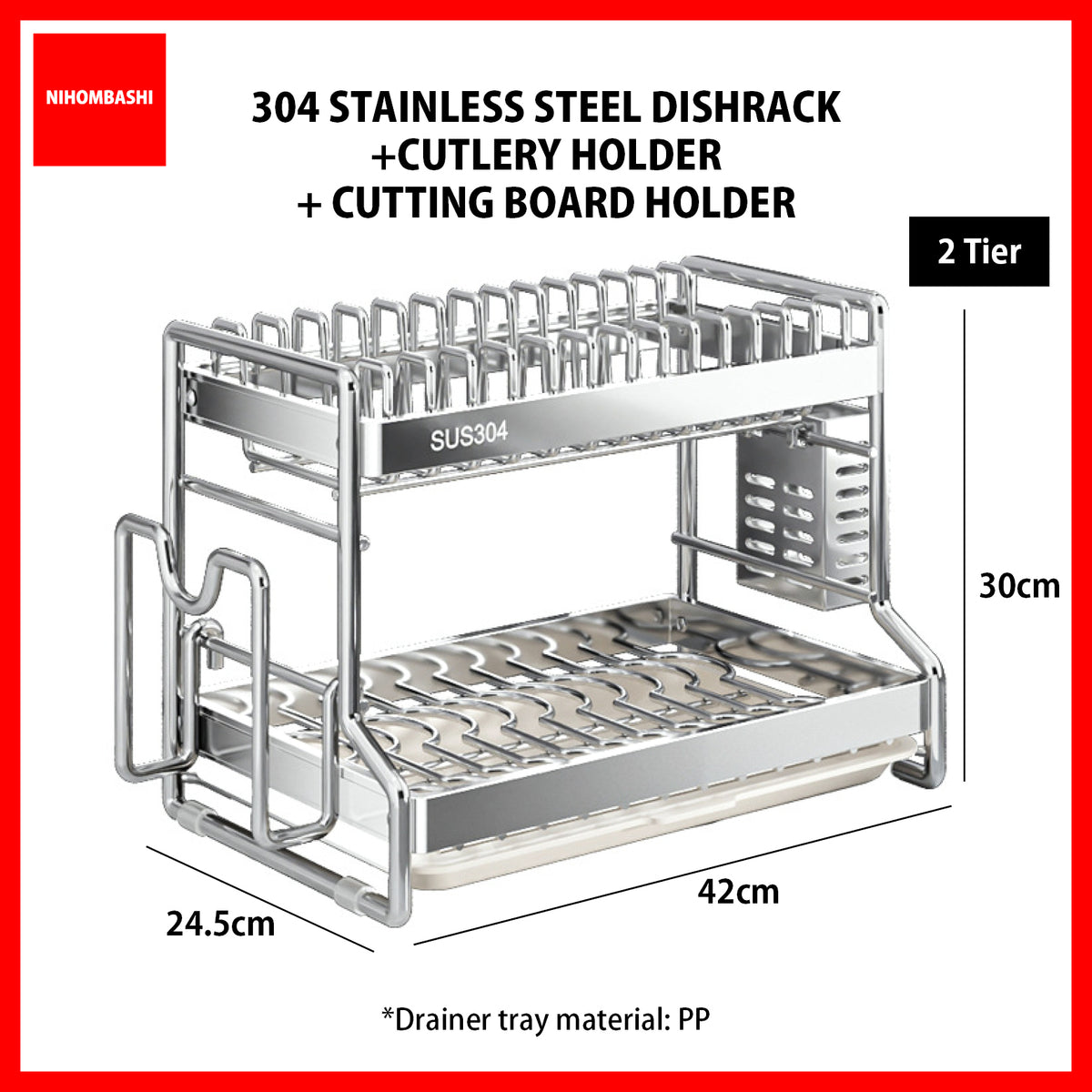 2-tier stainless steel dish rack with drain tray, size 42 x 24.5 x 30 cm
