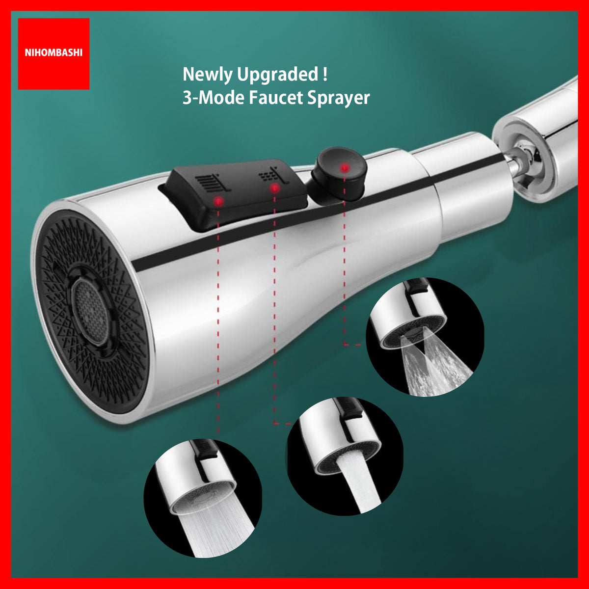 Kitchen Faucet Sprayer 3-Mode Tap Head Extender 360 Rotating Brass Spout