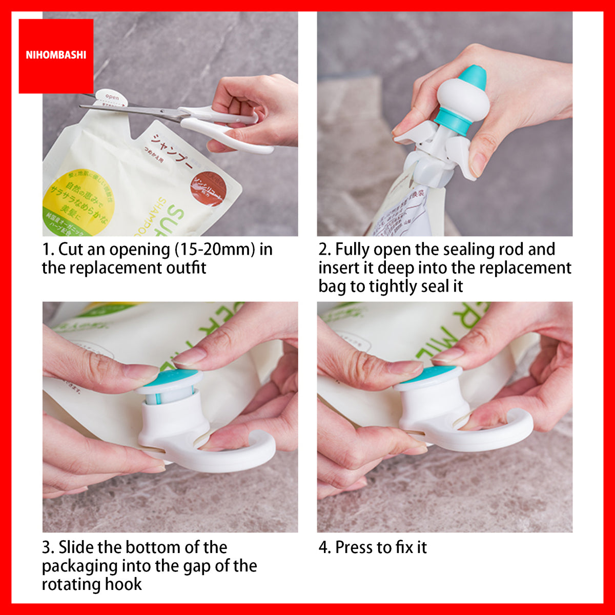 Shampoo and Body Wash Refill Pouch Dispenser Squeezer with Hanging Hook