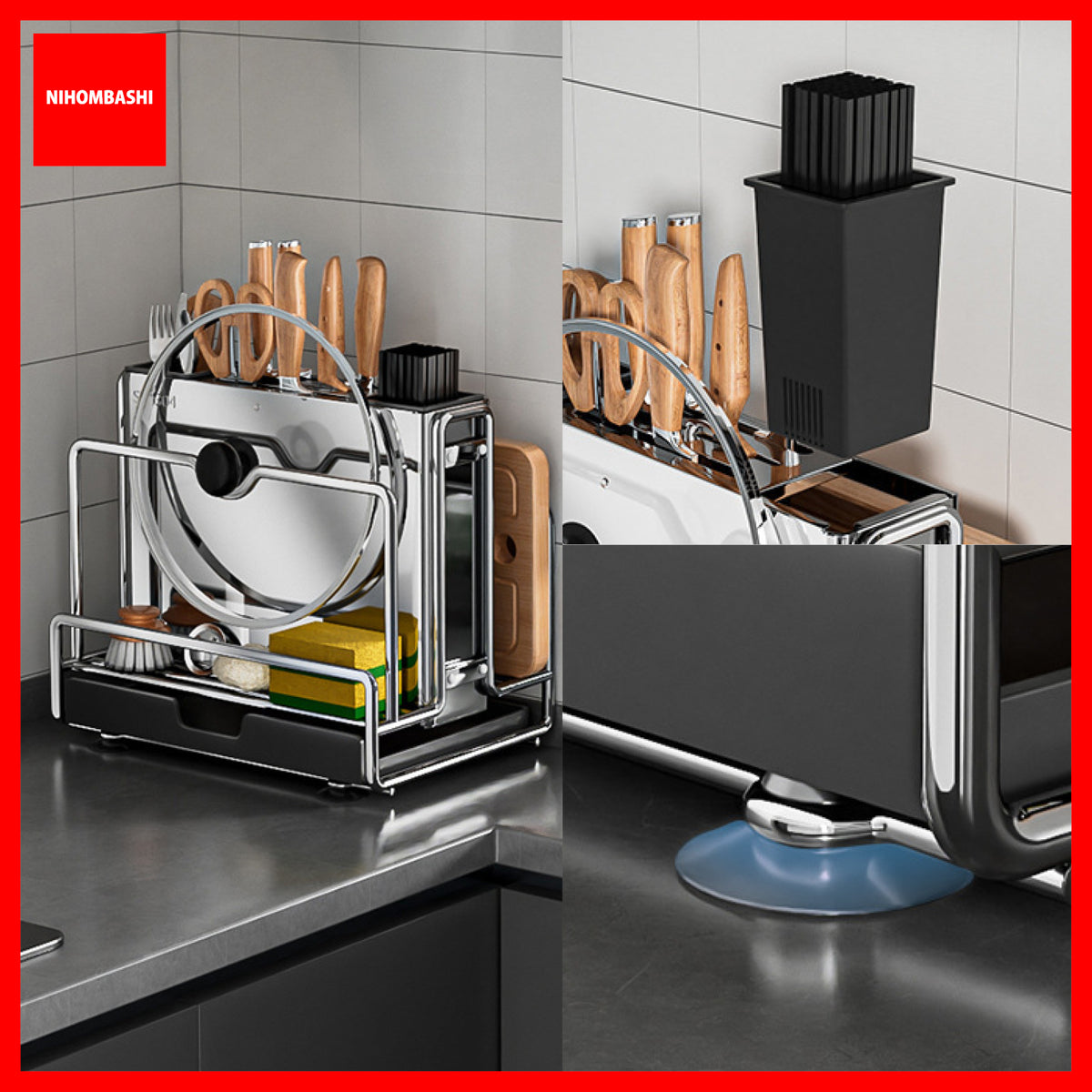 304 Stainless Steel Knife Rack with Cutting Board & Pot Lid Holder