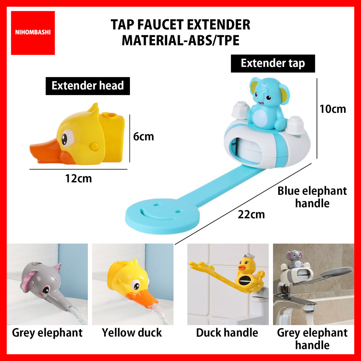 Kids Sink Tap Faucet Extender, Duck and Elephant Spout or Handle