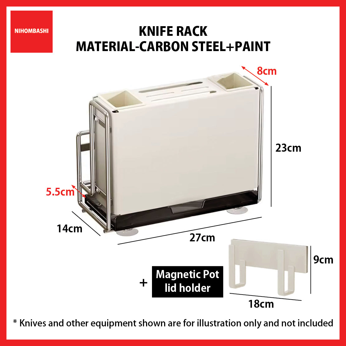 Knife Rack & Utensil Holder with Cutting Board and Pot Lid Holder