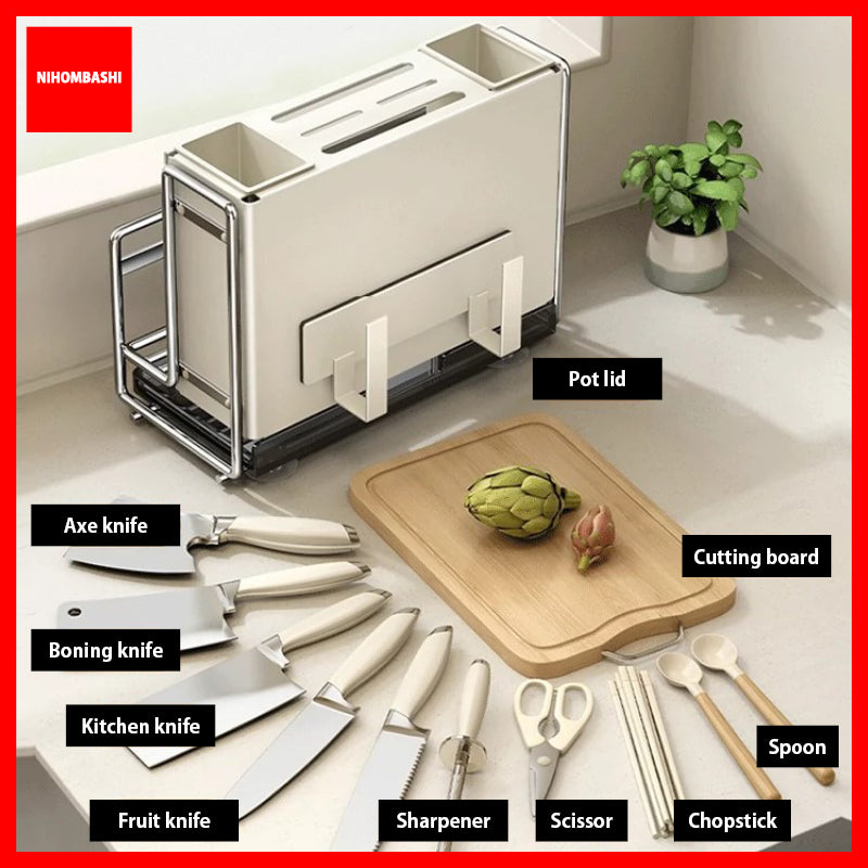 Knife Rack & Utensil Holder with Cutting Board and Pot Lid Holder