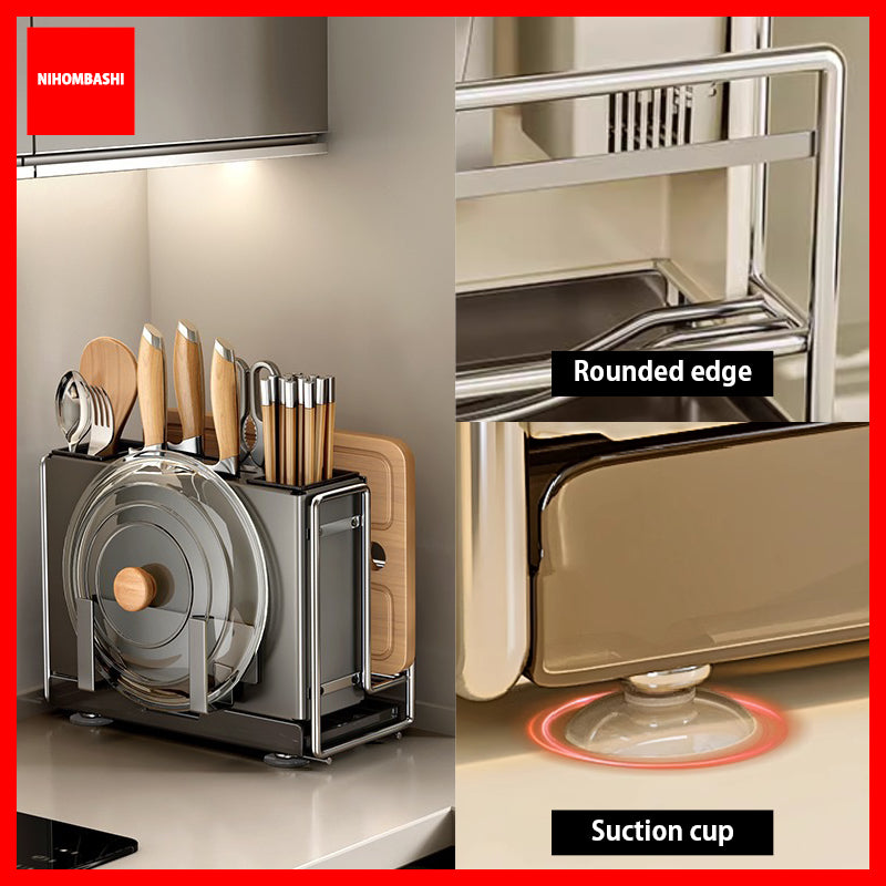 Knife Rack & Utensil Holder with Cutting Board and Pot Lid Holder