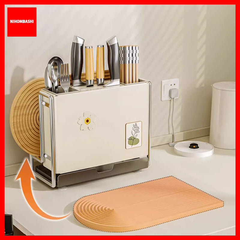 Knife Rack & Utensil Holder with Cutting Board and Pot Lid Holder