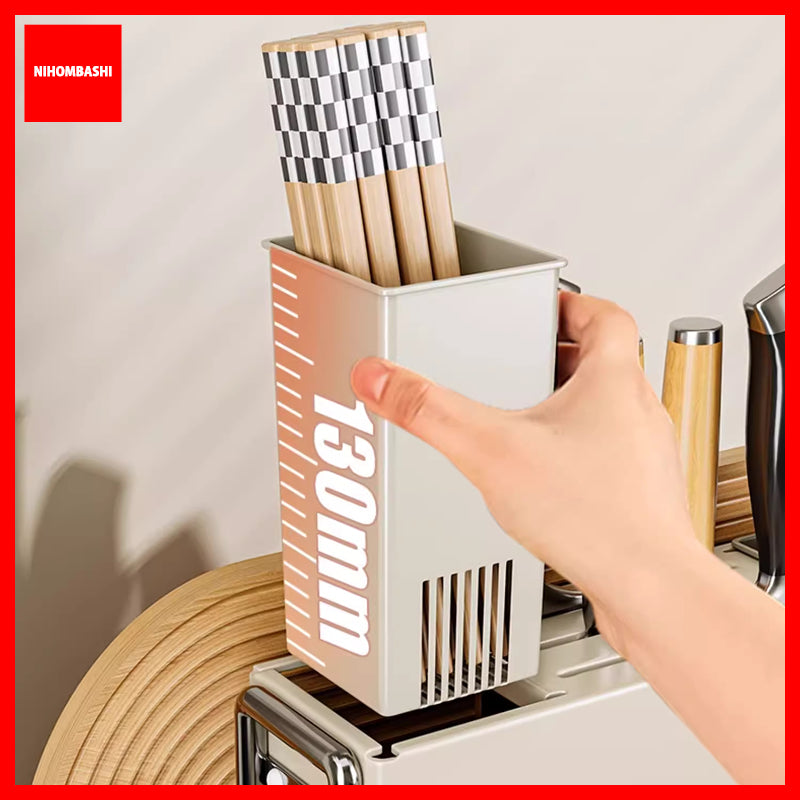 Knife Rack & Utensil Holder with Cutting Board and Pot Lid Holder