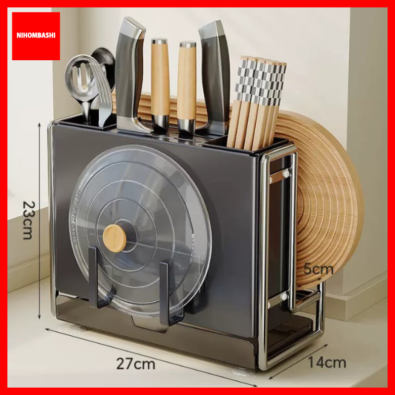 Knife Rack & Utensil Holder with Cutting Board and Pot Lid Holder