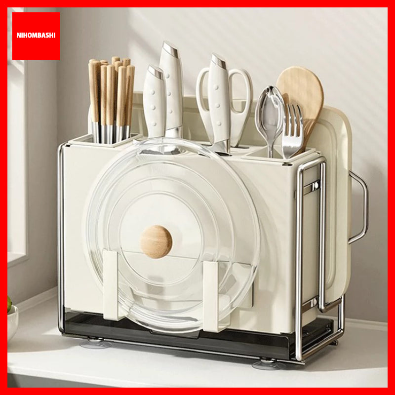 Knife Rack & Utensil Holder with Cutting Board and Pot Lid Holder