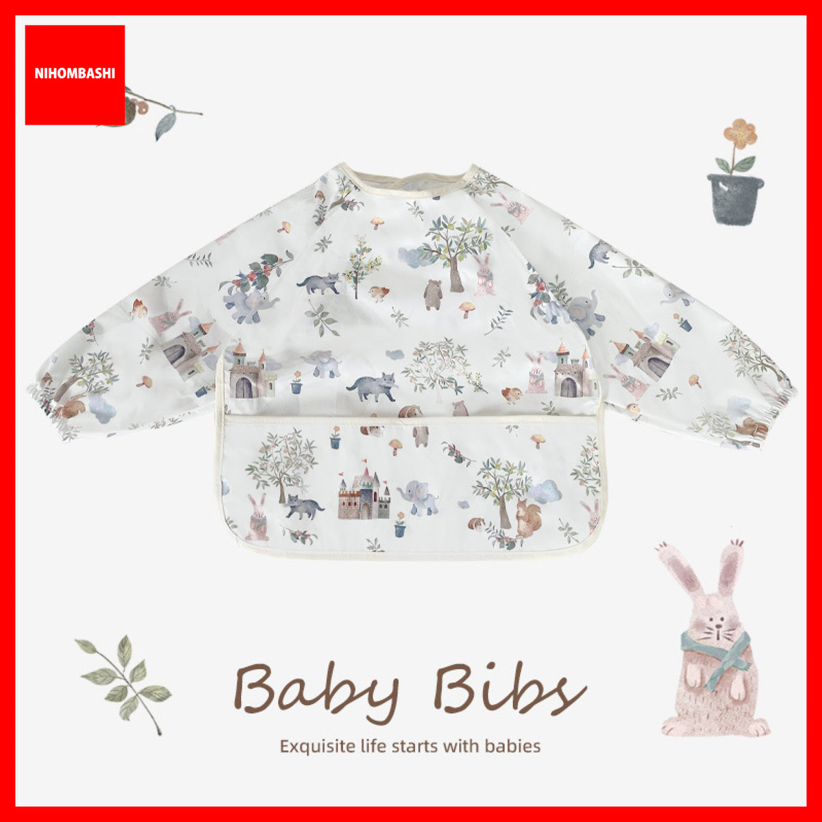 Long Sleeve Baby Weaning Bib with Pocket, Stain Resistant Feeding Smock