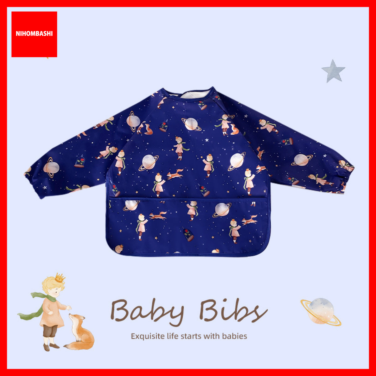Long Sleeve Baby Weaning Bib with Pocket, Stain Resistant Feeding Smock