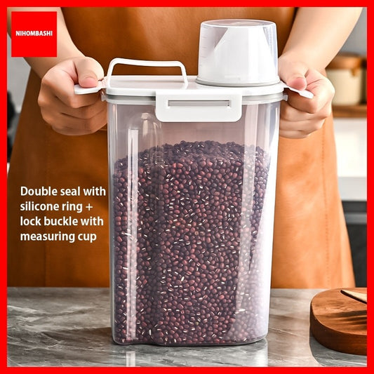 Airtight Rice Storage Container 2.5L Transparent Food Storage Box Grain Cereal Flour Container Moisture Proof Measuring Cup