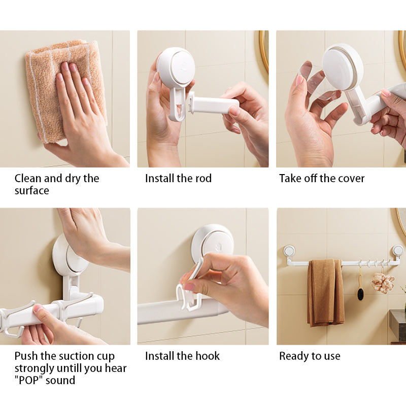 Suction Cup Bathroom Towel Rack with 5 Hooks, No Drill Adjustable Length