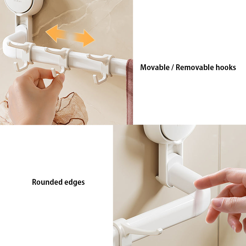Suction Cup Bathroom Towel Rack with 5 Hooks, No Drill Adjustable Length