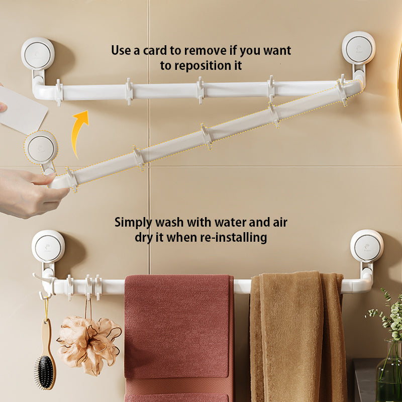 Suction Cup Bathroom Towel Rack with 5 Hooks, No Drill Adjustable Length
