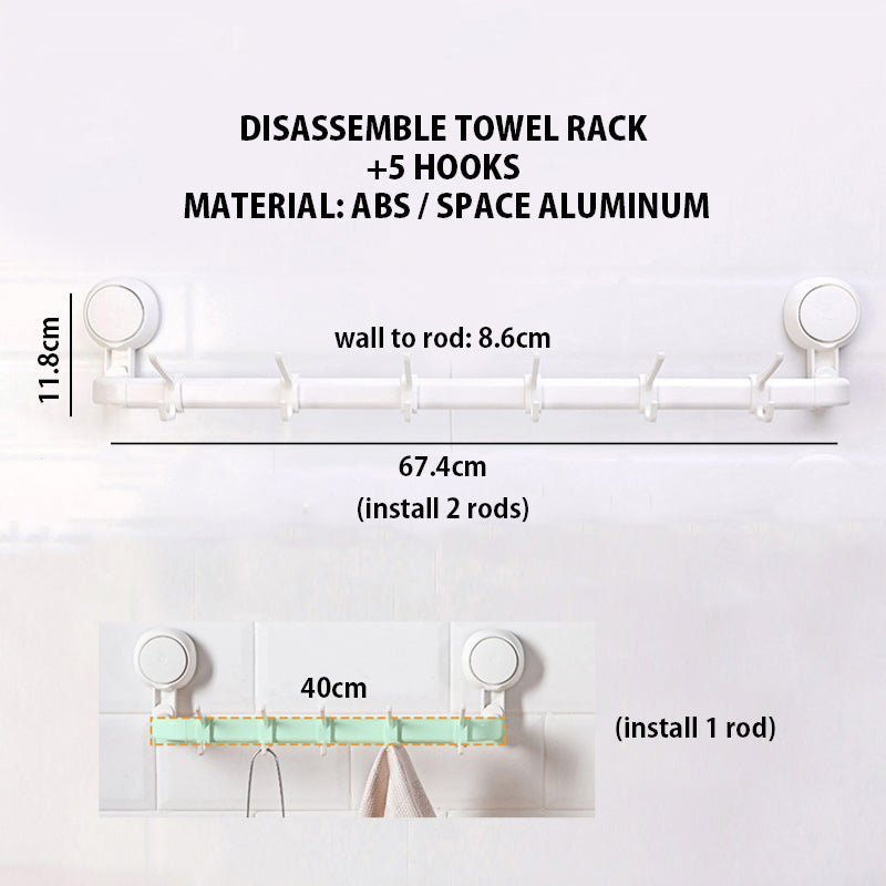 Suction Cup Bathroom Towel Rack with 5 Hooks, No Drill Adjustable Length