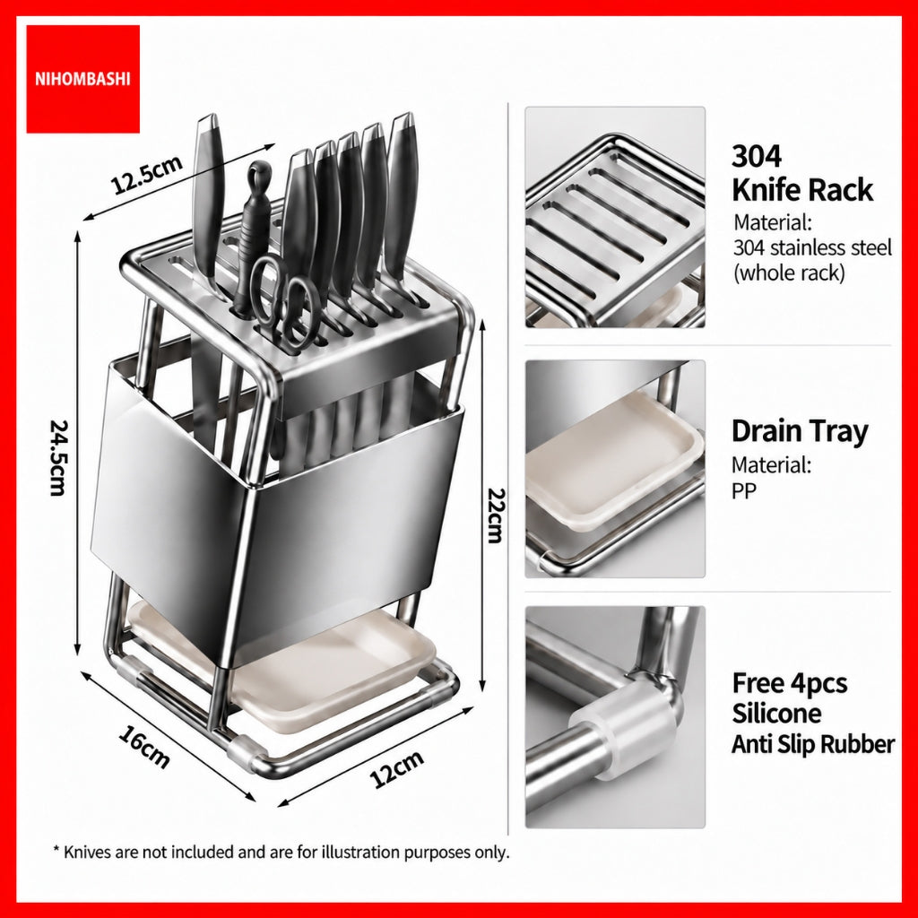 NIHOMBASHI 304 Stainless Steel Knife Rack Kitchen Knife Holder Organiser with Removable Drip Tray Scissors Storage