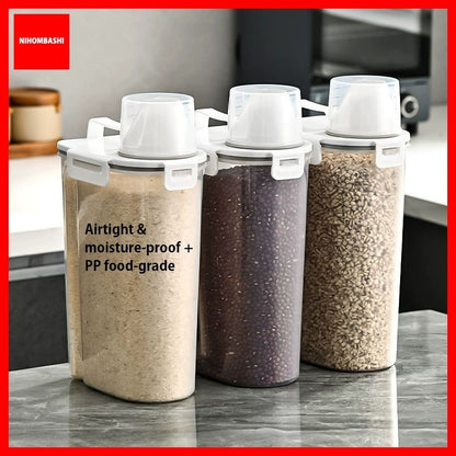 Airtight Rice Storage Container 2.5L Transparent Food Storage Box Grain Cereal Flour Container Moisture Proof Measuring Cup