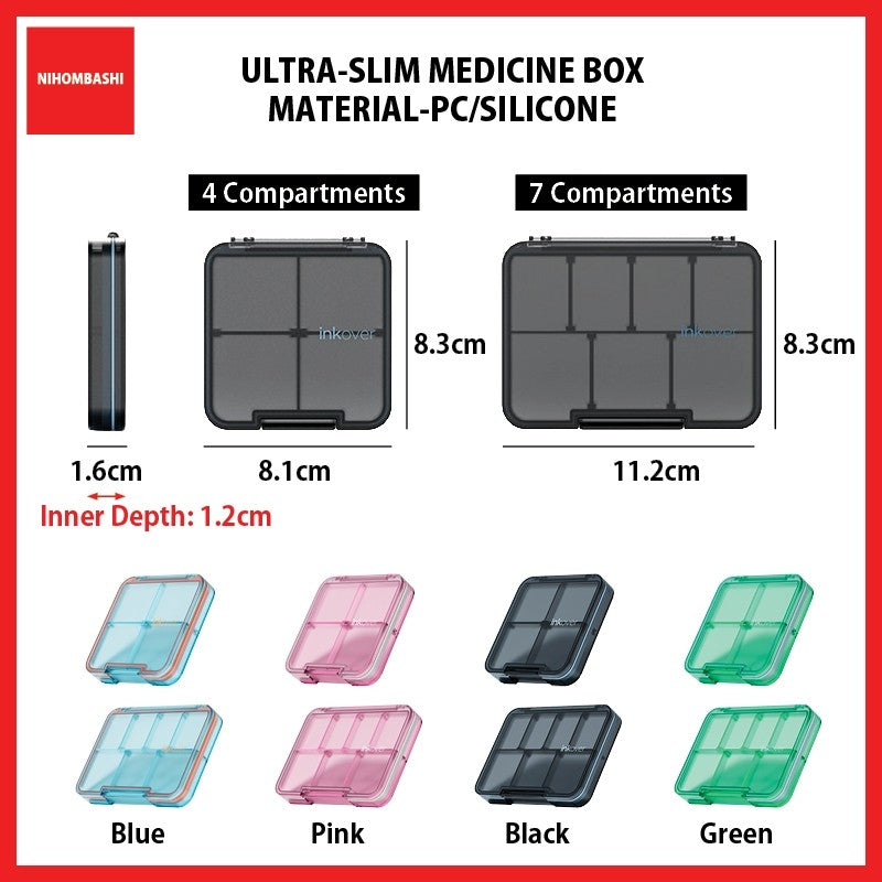Ultra Slim 1.6cm Medicine Pill Box Food Grade Transparent Portable 4/7 Compartments Weekly Pill Organizer with Silicone