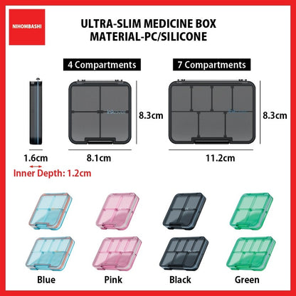 Ultra Slim 1.6cm Medicine Pill Box Food Grade Transparent Portable 4/7 Compartments Weekly Pill Organizer with Silicone