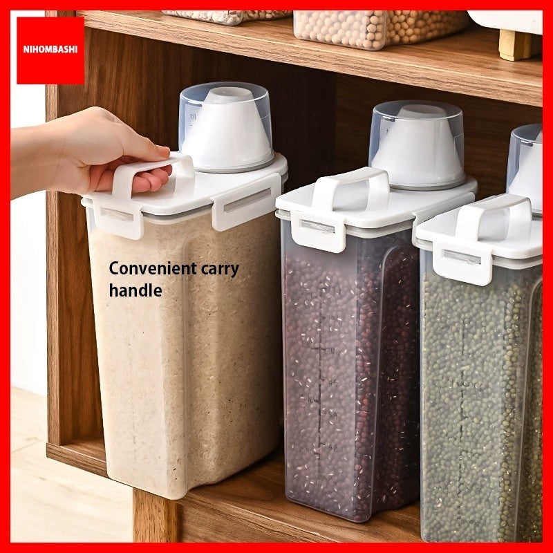 Airtight Rice Storage Container 2.5L Transparent Food Storage Box Grain Cereal Flour Container Moisture Proof Measuring Cup