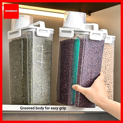 Airtight Rice Storage Container 2.5L Transparent Food Storage Box Grain Cereal Flour Container Moisture Proof Measuring Cup