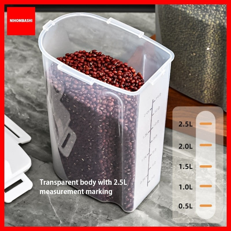 Airtight Rice Storage Container 2.5L Transparent Food Storage Box Grain Cereal Flour Container Moisture Proof Measuring Cup